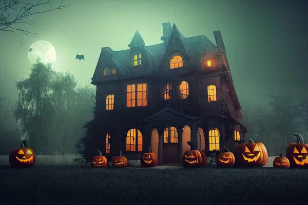 Halloween Haunted House. Pumpkins, candles, gloomy atmosphere. Neural network generated art. Digitally generated image. Not based on any actual scene or pattern.