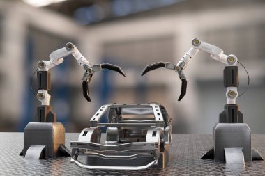 Otomobil üretim servisi. fabrika robotu hi tech robotic yapay kol kol kontrol robotu araba teknolojisi için garaj bayiliğinde teknoloji el siborg mühendisliği otomotiv yapımı 3D