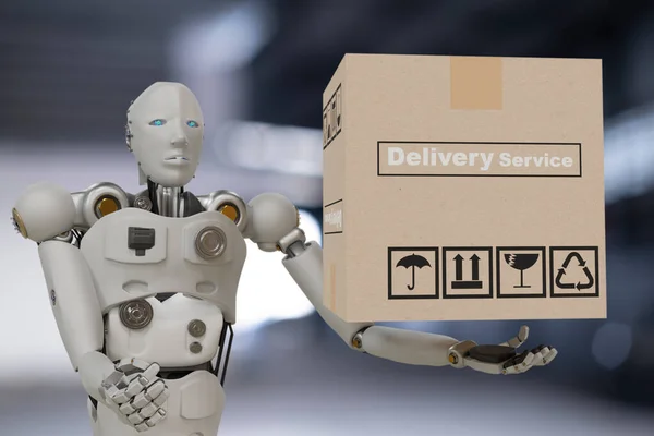 Robot Cyber Future Futuristic Humanoid Hold Box Product Technology Engineering — Stock Photo, Image