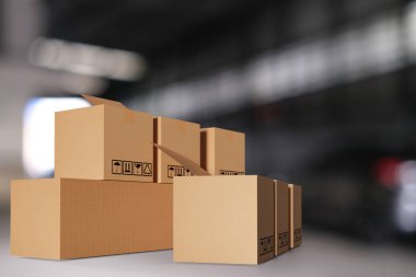 Kutu paket ürün paketleme tasarımı ekspres posta modeli çevrimiçi satışta müşteri alışverişi ev dağıtım servisi kargo taşımacılığından taşımacılığa iş paketi sipariş etmek için.