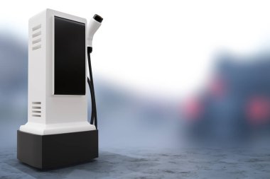 Robot siber geleceğin insansı teknolojisi. Teknoloji endüstrisi garajı. EV araba şarjı.