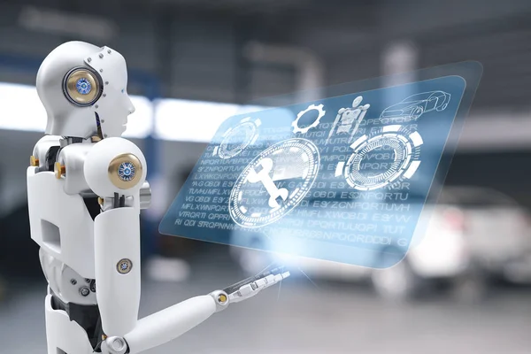 Robot Cyber Przyszłości Futurystyczny Humanoid Auto Samochód Samochód Samochodowy Sprawdzić — Zdjęcie stockowe