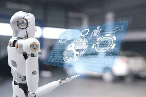 Robot siber geleceğin insansı otomobili, otomobil, otomotiv kontrolü garaj endüstrisi denetim müfettişi sigorta bakım robotu tamir teknolojisi