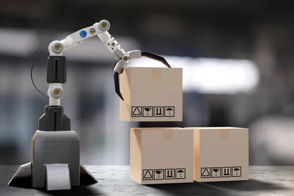 Robot Cyber Future Futuristic Humanoid Hold Box Product Technology Engineering — Stock Photo, Image