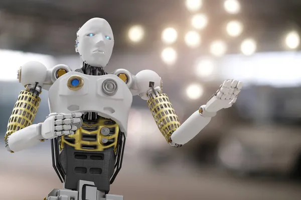Robot Futuro Cibernético Humanoide Futurista Auto Automóvil Coche Automotriz Revisión —  Fotos de Stock