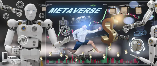 Robot topluluğu VR avatar gerçeklik oyunu için meta evren insanların sanal gerçekliği teknoloji yatırımı ve iş hayatı bağlama zinciri