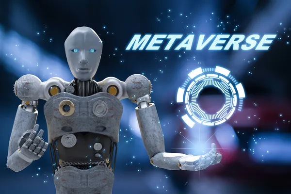 Robot topluluğu VR avatar gerçeklik oyunu için meta evren insanların sanal gerçekliği teknoloji yatırımı ve iş hayatı bağlama zinciri