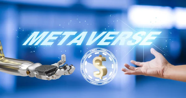 Robot topluluğu VR avatar gerçeklik oyunu için meta evren insanların sanal gerçekliği teknoloji yatırımı ve iş hayatı bağlama zinciri