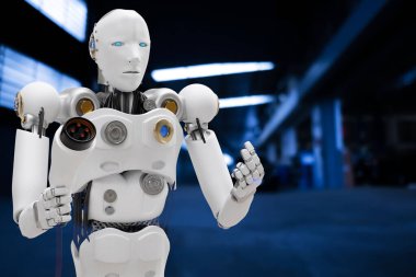 Robot cyber future futuristic humanoid Hi tech industry garage EV-car charger recharge refuel electric station vehicle transport transportation future transport automotive automobile 3D RENDER