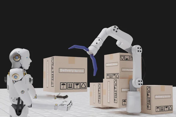 Robot arm Object for manufacturing industry technology Product export and import of future Robot cyber in the warehouse by hand mechanical future technology