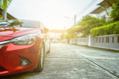 Object for metaverse virtual world Car front of the car light red color on black background for customers. Using wallpaper or background for transport or automotive automobile car technology of future