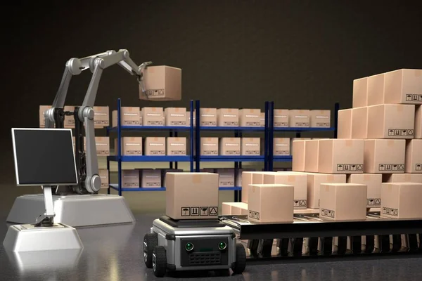 Car Robot transports truck Box with AI interface Object for manufacturing industry technology Product export and import of future Robot cyber in the warehouse by Arm mechanical future technology