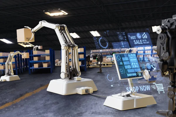 AI Robot arm Object for manufacturing industry technology Product export and import of future Robot cyber in the warehouse by hand mechanical future technology