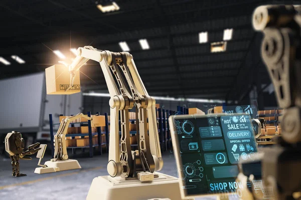 AI Robot arm Object for manufacturing industry technology Product export and import of future Robot cyber in the warehouse by hand mechanical future technology