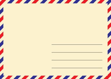 Havayolu zarfı. Kırmızı ve mavi renkli çapraz çizgili eski sarı kartpostal. Boş adres alanı olan vektör illüstrasyon şablonu. 