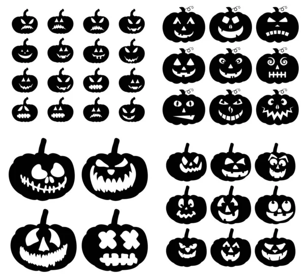 Calabazas Siluetas Sonrisa Espeluznante Conjunto Jack Lantern Tallado Expresiones Faciales — Vector de stock