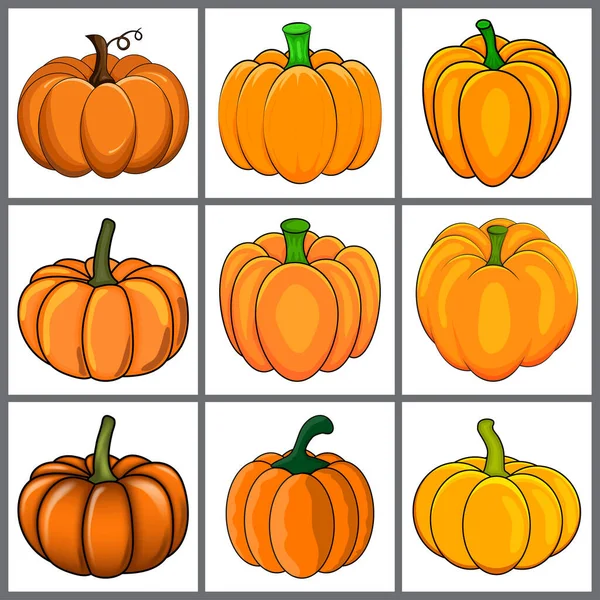 Icona Zucca Impostata Autunno Halloween Cartone Animato Arancione Disegno Vegetale — Vettoriale Stock