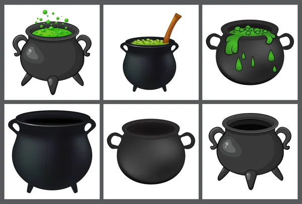 Caldero Con Poción Mágica Verde Olla Vacía Conjunto Iconos Halloween — Vector de stock