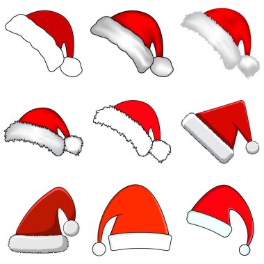 Noel Noel Baba şapkaları kürk ile ayarlayın. Yeni yıl beyaz zemin üzerine kırmızı şapka izole. Kış kep. Vektör çizim.