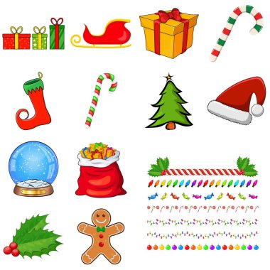 Noel sembolleri koleksiyonu. Büyük Xmas simgeleri. Mevsimlik karikatür çizimleri beyaza izole edilmiş. Tatil süsleri ve dekorasyonlar. Kar topu, Noel Baba hediye paketi, çoban üzümü, zencefilli ekmek adam.,