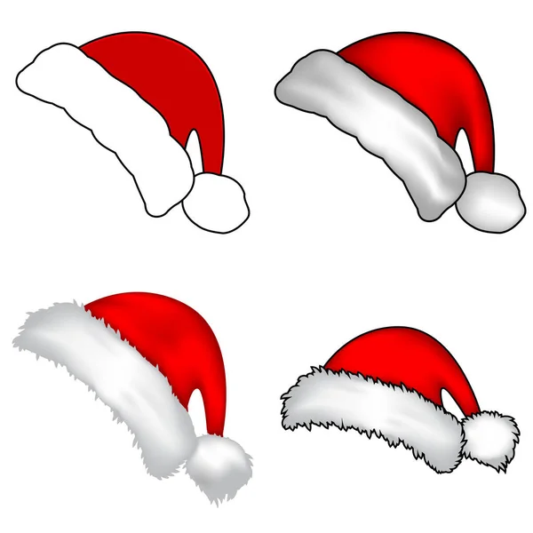 Karácsonyi Santa Claus Kalap Val Szőr Beállítása Red Hat Elszigetelt — Stock Vector