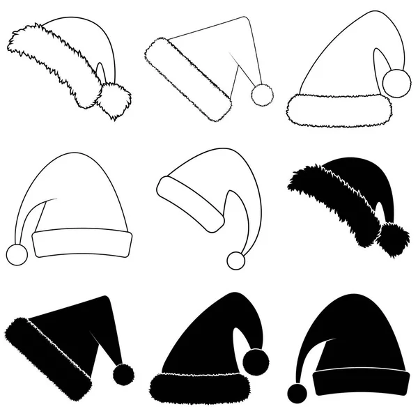 Cappelli Babbo Natale Con Set Pellicce Silhouette Design Contorno Isolato — Vettoriale Stock