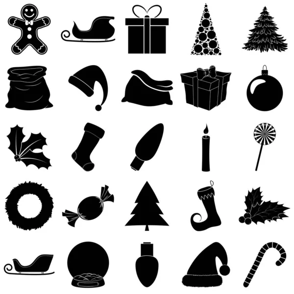 Conjunto Iconos Silueta Navidad Colección Negro Diciembre Símbolo Vacaciones Ilustración — Vector de stock