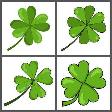 Dört yapraklı grafik ikonlu bir Yonca. Yonca işareti beyaz arka planda izole edilmiş. Vektör illüstrasyonu