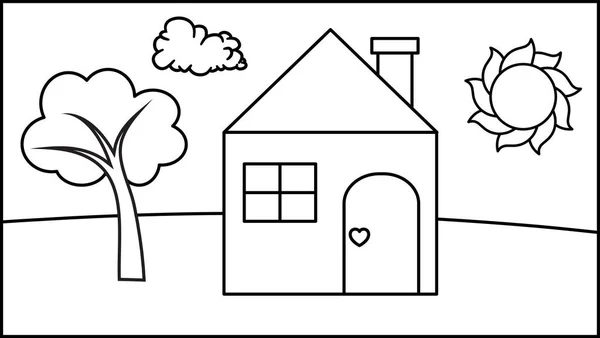 Kinderzeichnung Mit Haussonne Und Baum Vektor Illustration Kinderstil Umrissgestaltung — Stockvektor