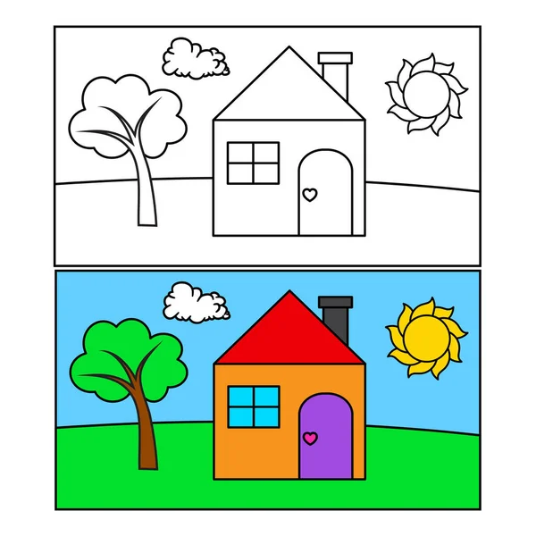 Kid Drawing House Sun Tree Vector Illustration Child Style Coloring — Stock Vector