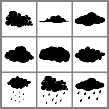 Bulutlar siyah formda. Bulut simgesi, bulut sembolü. Bir dizi farklı bulut. Silüet bulut vektör tasarımı koleksiyonu beyaza izole edildi