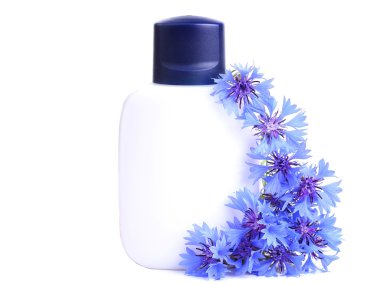 Kozmetik şişe beyaz mavi çiçekler kaplı