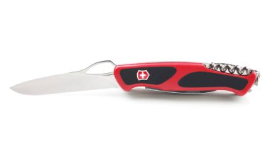 Kropyvnytskyi, Ukrayna - 25 Mayıs 2022: İsviçre çakısı katlanabilir Victorinox RangerGrip 57 beyaz arka planda izole