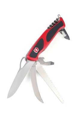 Kropyvnytskyi, Ukrayna - 25 Mayıs 2022: İsviçre çakısı katlanabilir Victorinox RangerGrip 57 beyaz arka planda izole
