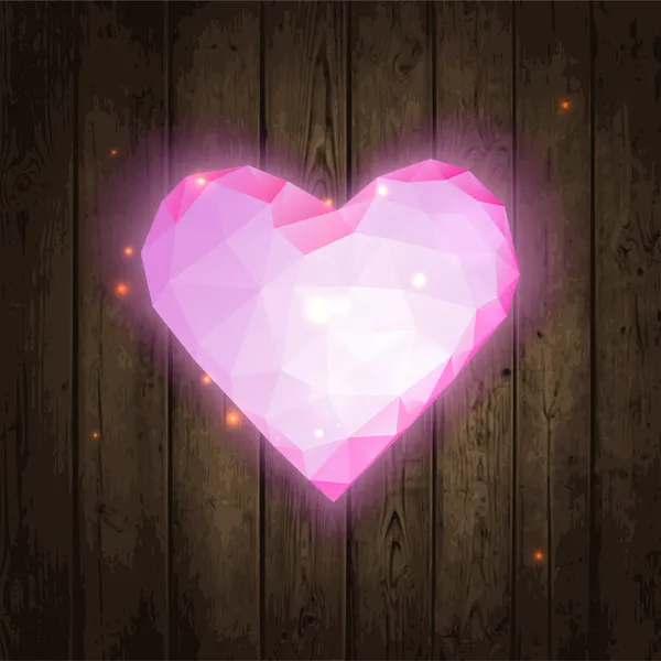 Coração rosa poligonal em textura de madeira. Ilustração vetorial . — Vetor de Stock