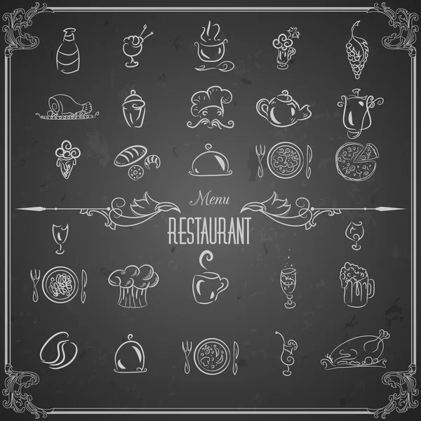 Restaurant menu design elements with chalk drawn food and drink icons on blackboard — Stock Vector