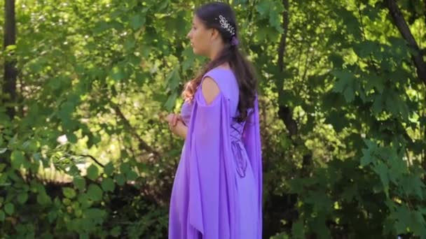 Ortaçağ Elbisesiyle Bokeh Park Arka Planında Makyajlı Çekici Genç Bir — Stok video