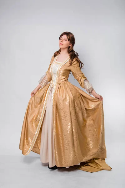 Full Length Portrait Girl Golden Rococo Gown Posing Isolated White — Stock Photo, Image