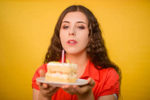 Portrait Girl Red Shirt Piece Cake Candle White Plate Her — Stock Photo, Image