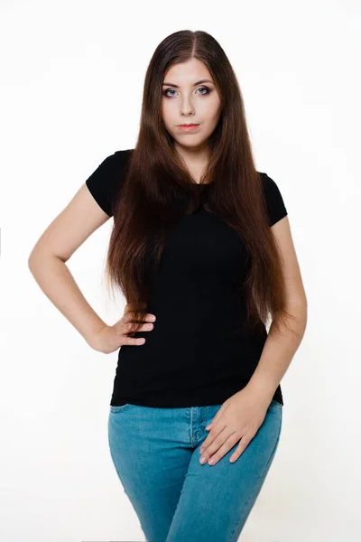 Young Beautiful Girl Black Shirt Blue Jeans Studio Photo White — Stock Photo, Image