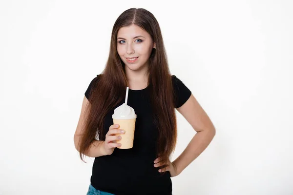 Young Beautiful Girl Black Shirt Blue Jeans Holding Glass Straw — Stock Photo, Image