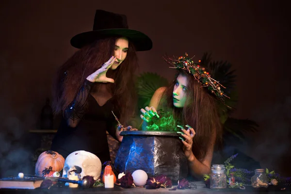 Duas Bruxas Com Cabelo Desgrenhado Preparam Uma Poção Mágica Caldeirão — Fotografia de Stock