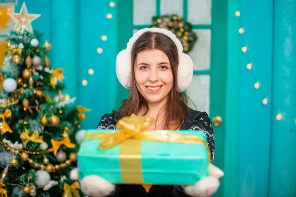Süveter Sıcak Kulaklık Eldiven Giymiş Gülümseyen Genç Bir Kadın Noel — Stok fotoğraf