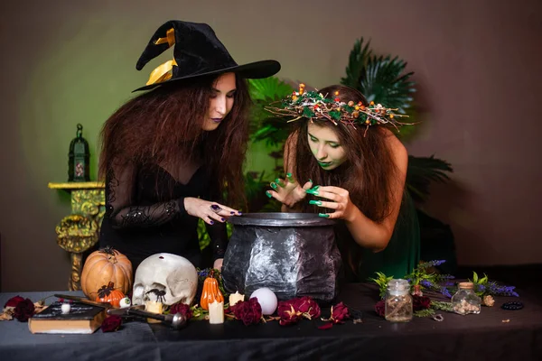 Two Witches Disheveled Hair Brew Magic Potion Black Cauldron Standing — стоковое фото