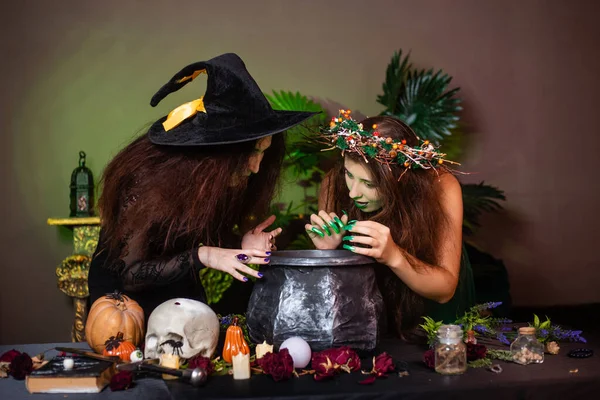 Two Witches Disheveled Hair Brew Magic Potion Black Cauldron Standing — Stok fotoğraf