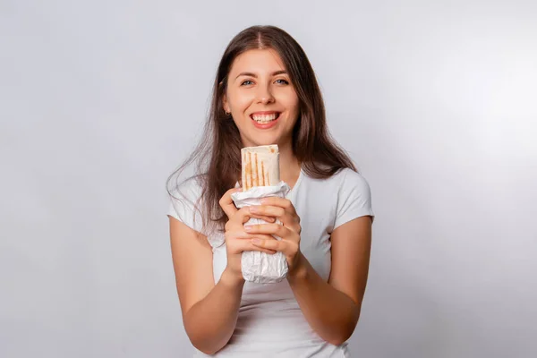 Girl White Shirt Holds Shawarma Her Hands Isolated White Background — Stock Photo, Image