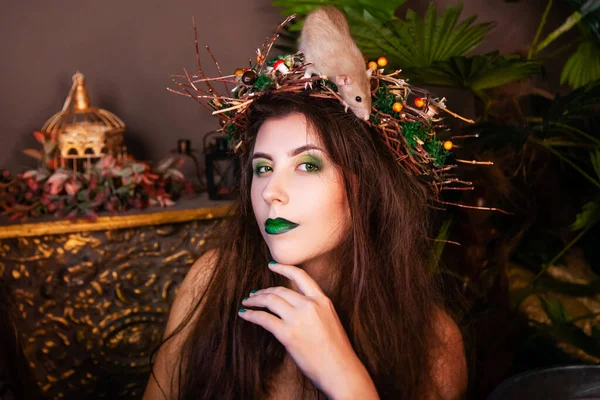 一个头发蓬乱 头戴干枝花环 头戴绿色连衣裙 拿着一只白鼠的女巫的画像 — 图库照片