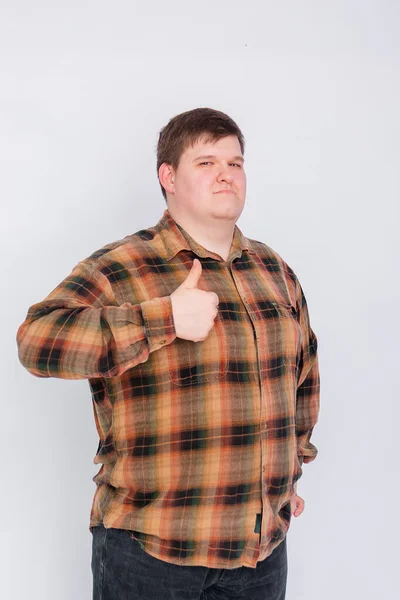 Fat Guy Showing Thumb Isolated White Background Young Man Making — Stock Photo, Image