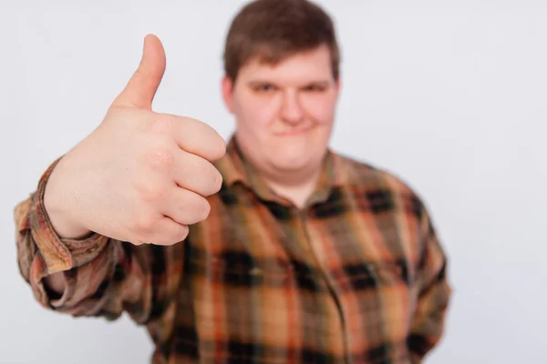 Selective Focus Thumb Fat Guy Shows Hand Gesture Isolated White — Foto Stock