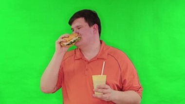 Portrait of a fat guy eating a big hamburger and drinking soda from a glass with a straw, isolated on a green background. Chroma key, green screen. The concept of fast food and obesity.